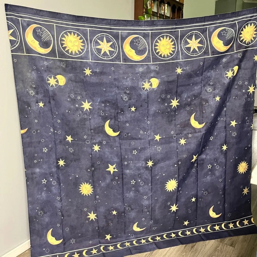 Celestial Sun Moon Stars Fabric Shower Curtain Navy Blue Gold Boho Astrology